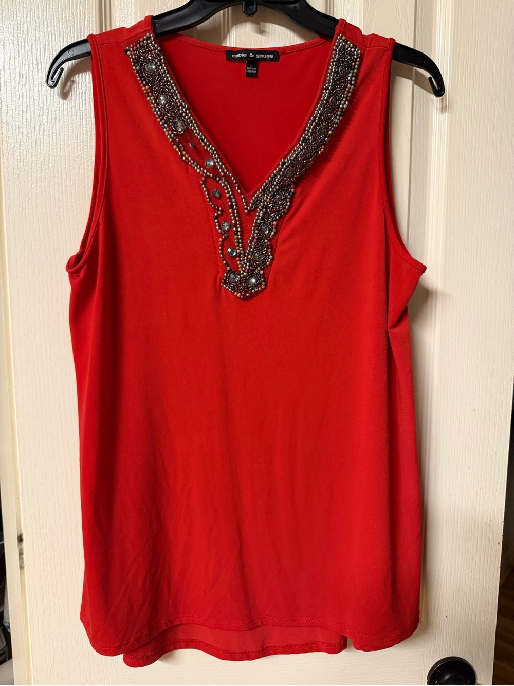 Cable & Gauge Red Beaded V-Neck Sleeveless Blouse